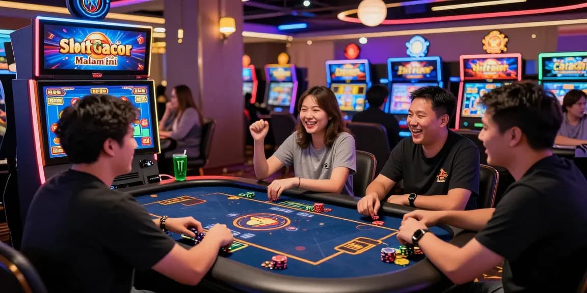 Engaged players enjoying Slot Gacor Malam Ini in a lively online gaming environment, celebrating wins.