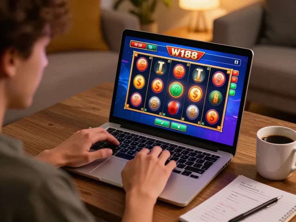 Engaging with W188 online slots from home, focusing on strategy and gameplay.