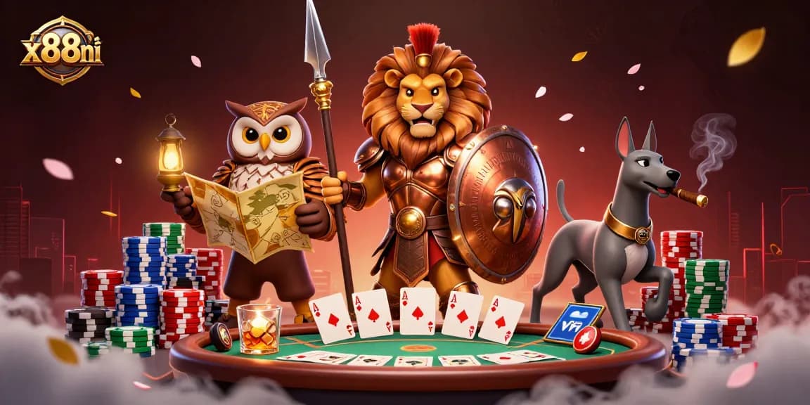 x88ni players engage in poker action at a vibrant, dynamic casino scene.