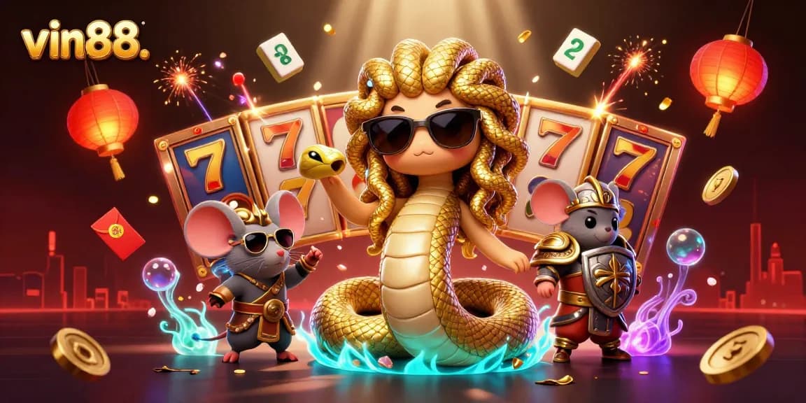 Unleash excitement with vin88. in a vibrant 3D casino scene featuring Medusa, a warrior mouse, and dynamic casino symbols.