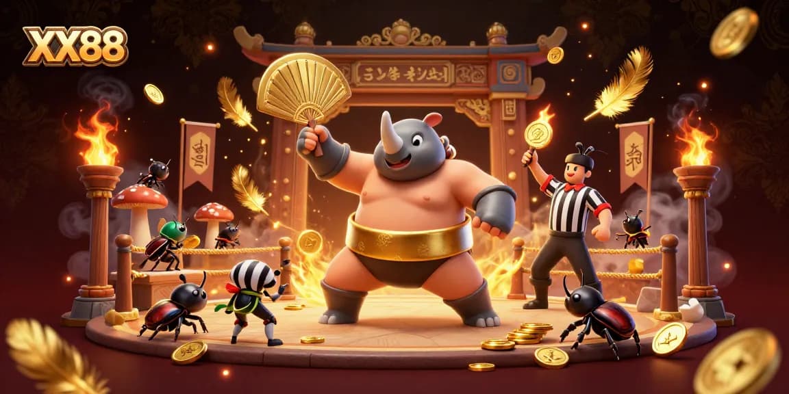 Experience the thrilling gameplay at XX88 with a sumo beetle champion and vibrant casino action.