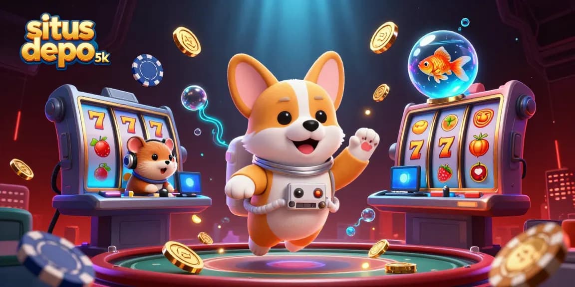 Win big with situs depo 5k as the floating corgi stars in vibrant casino action.