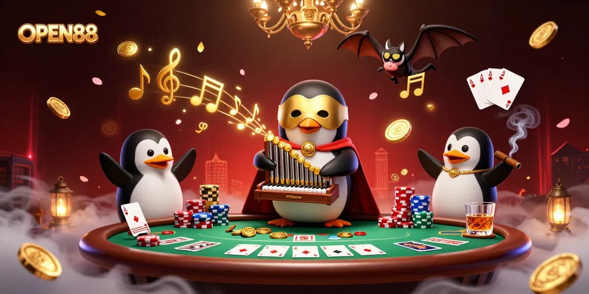 Experience thrilling gameplay at OPEN88 with a vibrant casino scene, featuring a penguin playing a golden organ.