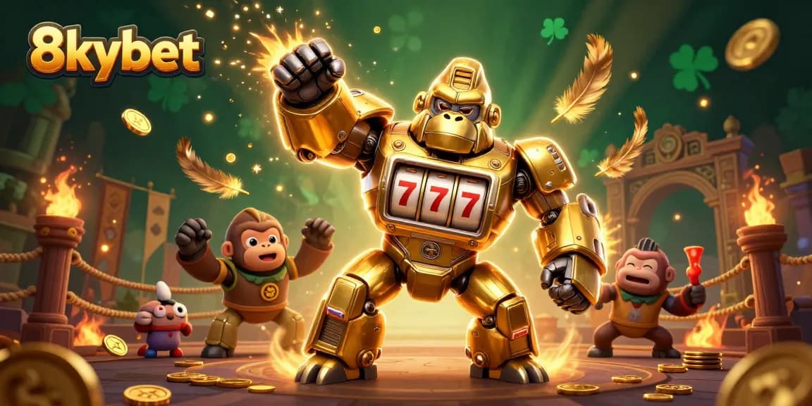 Experience thrilling gaming at 8xbet with a dynamic scene of a gorilla mech amidst gold coins and vibrant energy