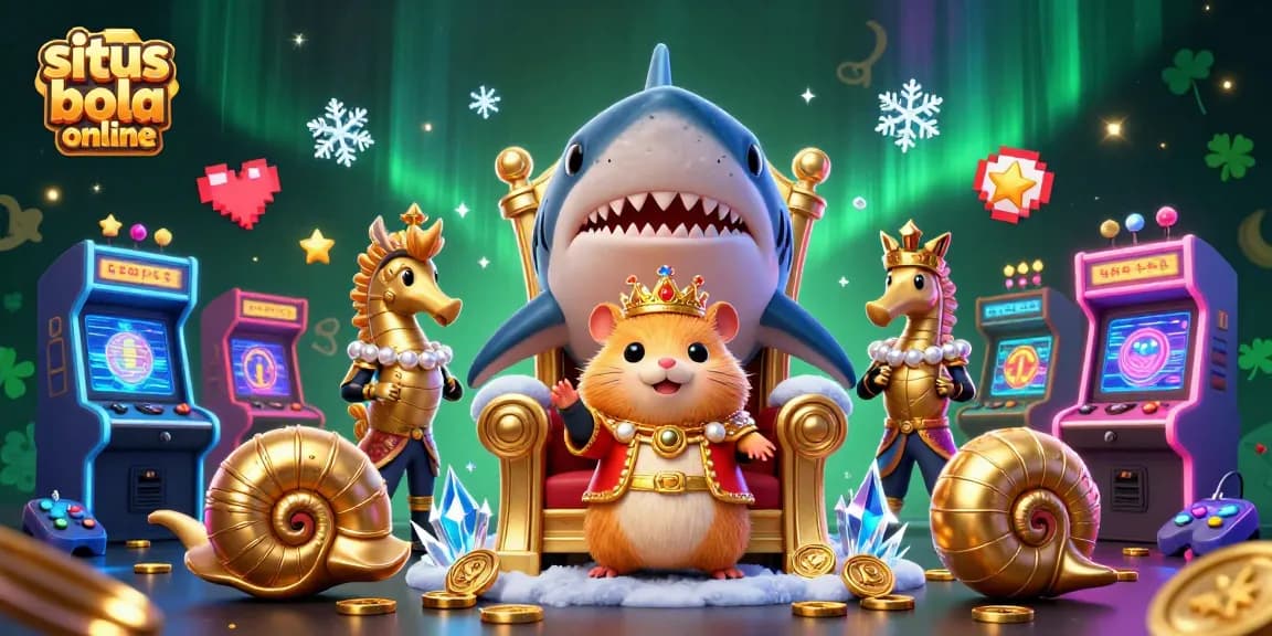 Experience the excitement of situs bola online with a vibrant 3D scene featuring a fierce hamster king and gaming elements.