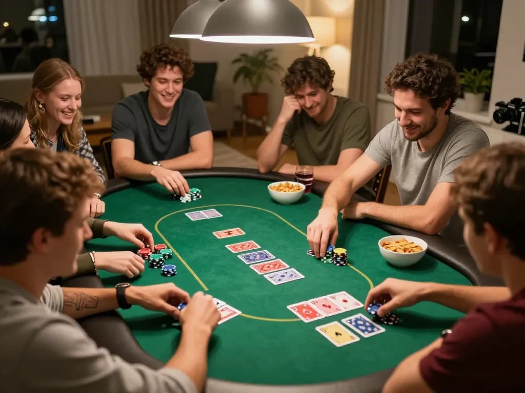 Exciting poker game among friends at home with vibrant chips and cards in view, showcasing 7m strategies.