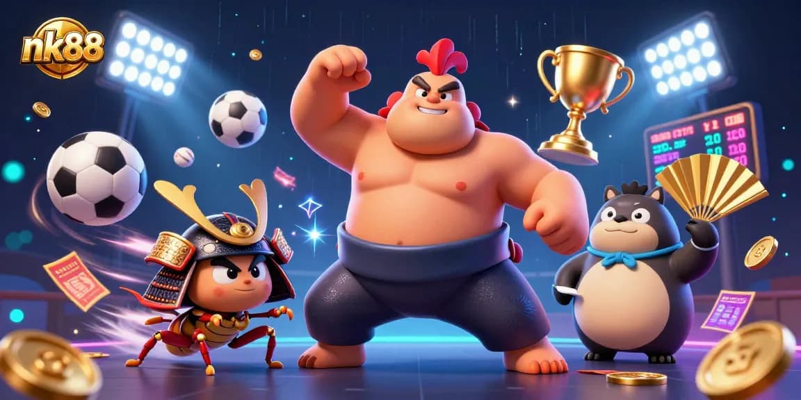 Engage with exciting games at nk88, featuring vibrant characters and sports elements in a thrilling casino scene.