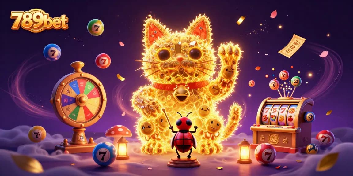 Join the excitement at 789bet with a vibrant lucky cat illustration full of dynamic casino symbols