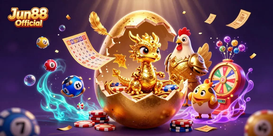 Experience the excitement at Jun88 Official with a golden dragon on poker chips amid colorful lottery elements.