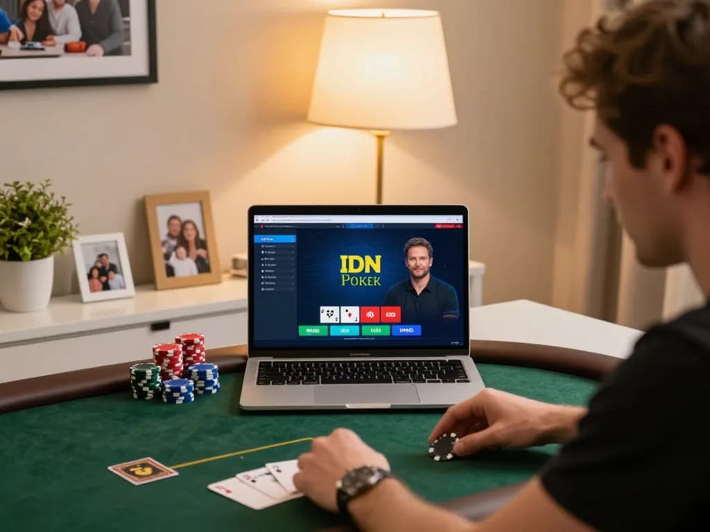 Permainan poker yang menarik di antarmuka IDN Poker dengan fokus pada pemain dan chip yang terlihat, menampilkan permainan online.