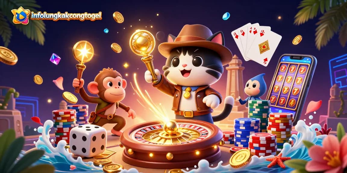 Experience the thrilling action of infolengkapcongtogel with cartoon explorers, golden artifacts, and casino gaming elements.