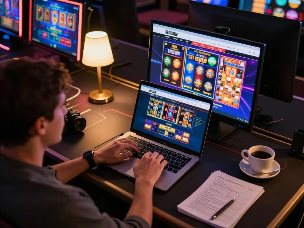 Engaging online gaming session on sumclub with vibrant slot machine displays and strategic notes visible