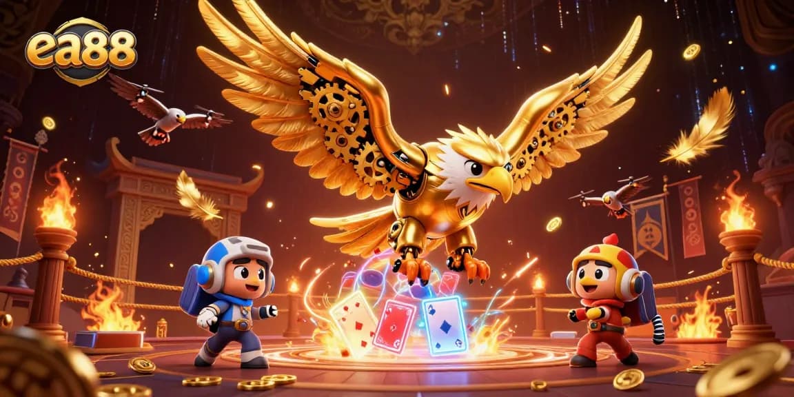Experience the thrill of ea88 with a dynamic illustration of a cybernetic golden eagle in a vibrant casino atmosphere.