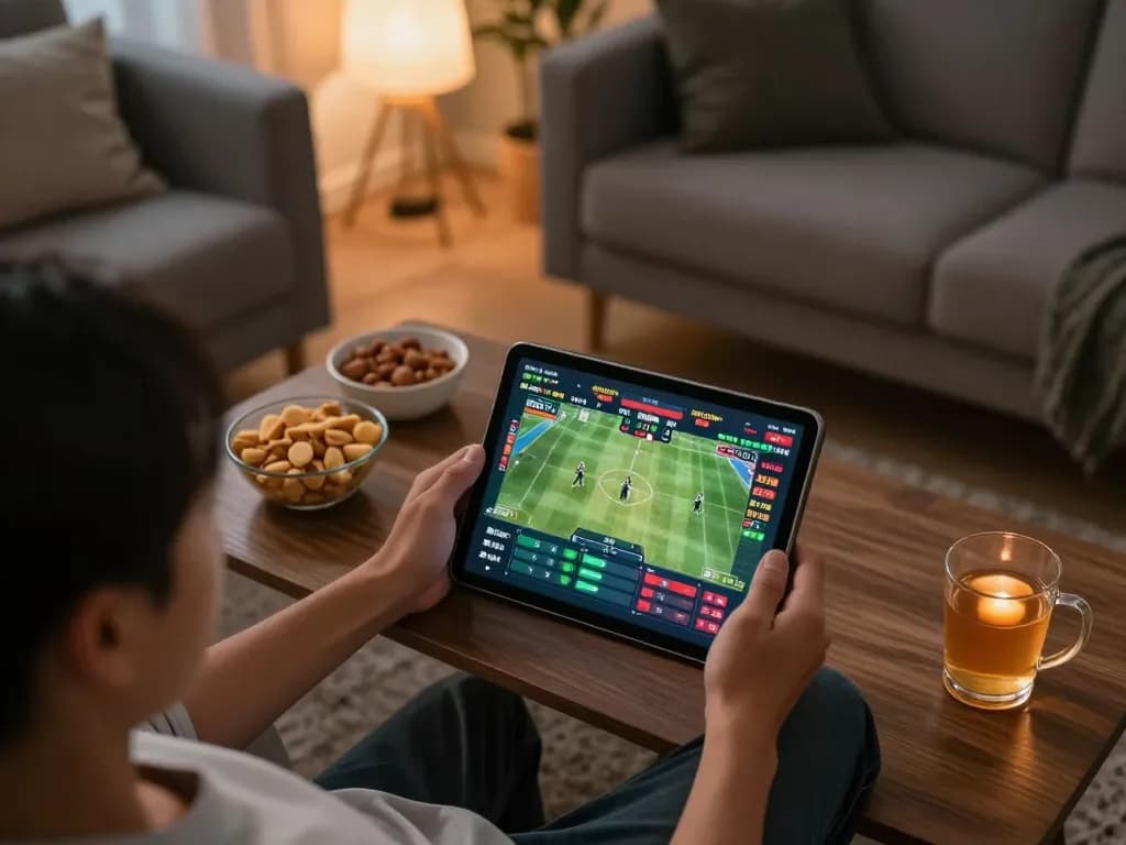 Engaged player using TG88 app for online sports betting in a cozy home setting.
