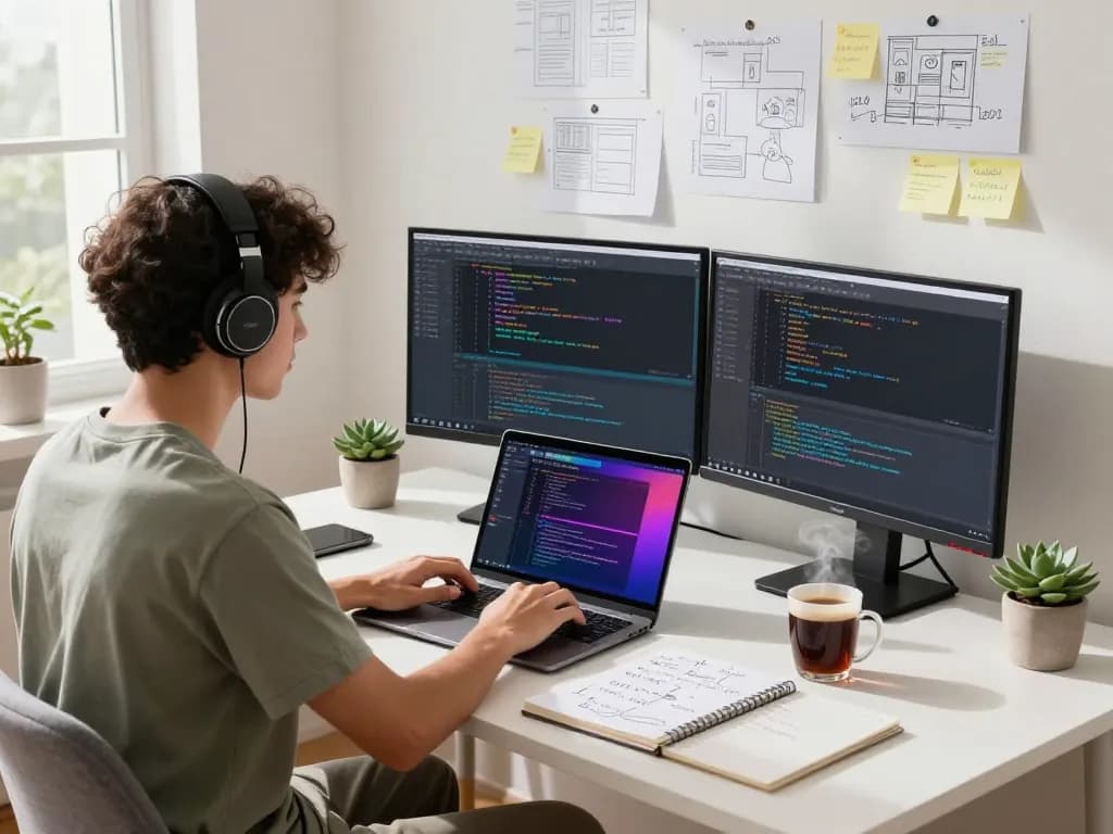 Developer utilizing clawbot in a vibrant home office setup for coding tasks