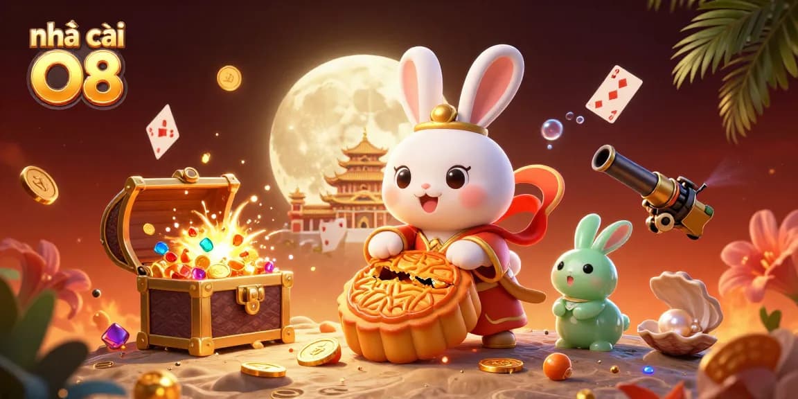 Play and win at nhà cái O8, featuring a dynamic scene with a moon rabbit and poker chips.