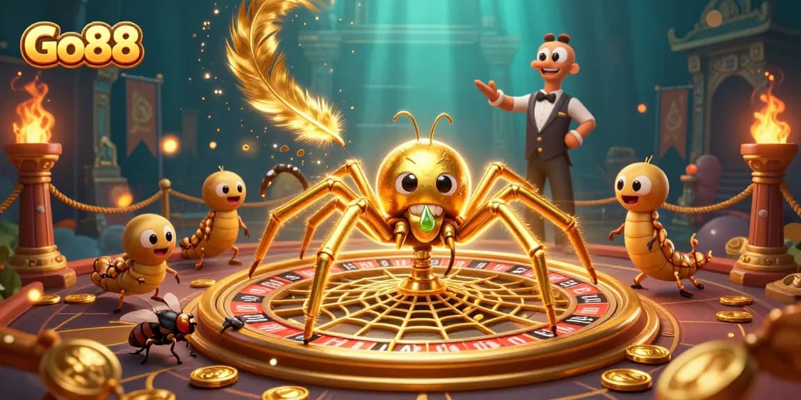 Engage your luck at Go88 with the golden spider's roulette web and dramatic betting scene.