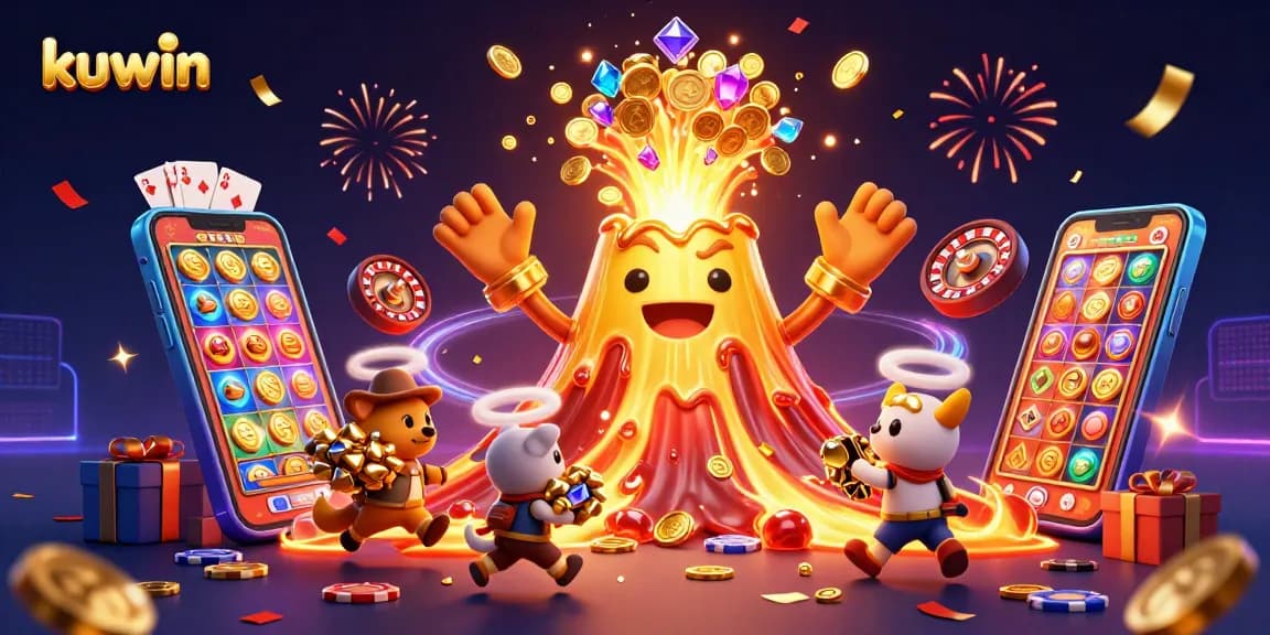 Kuwin offers exciting gaming action with a vibrant volcano erupting coins and thrilling gaming elements.