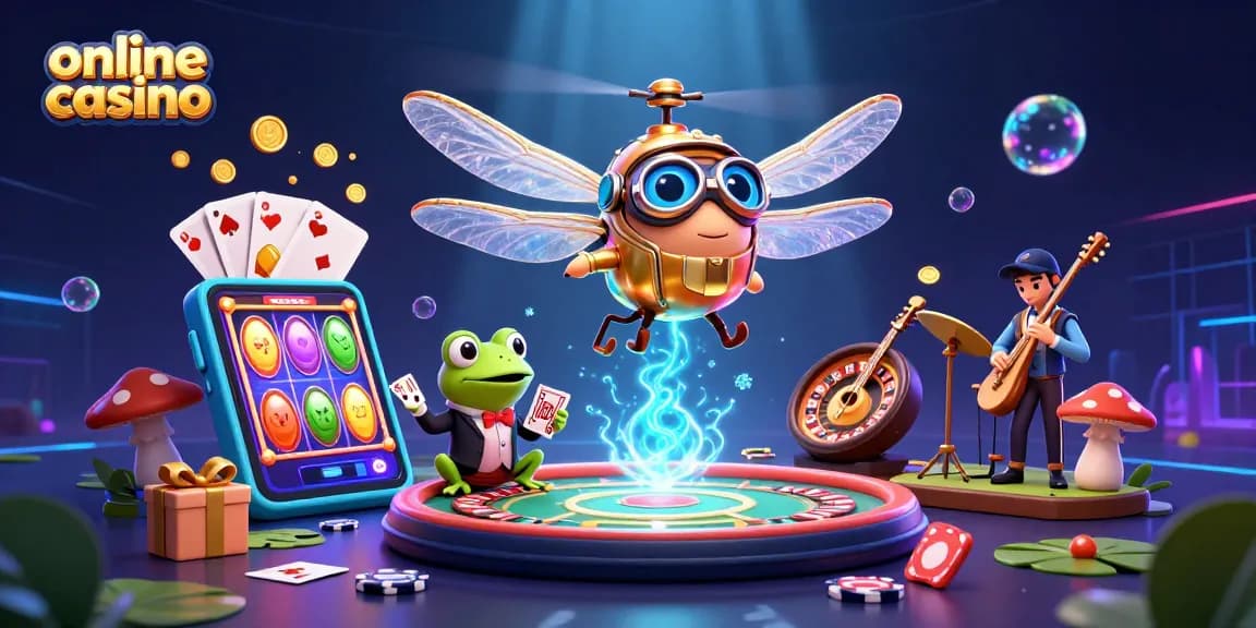 Play cards and enjoy vibrant games at this online casino illustration with a dragonfly pilot and frog croupier.