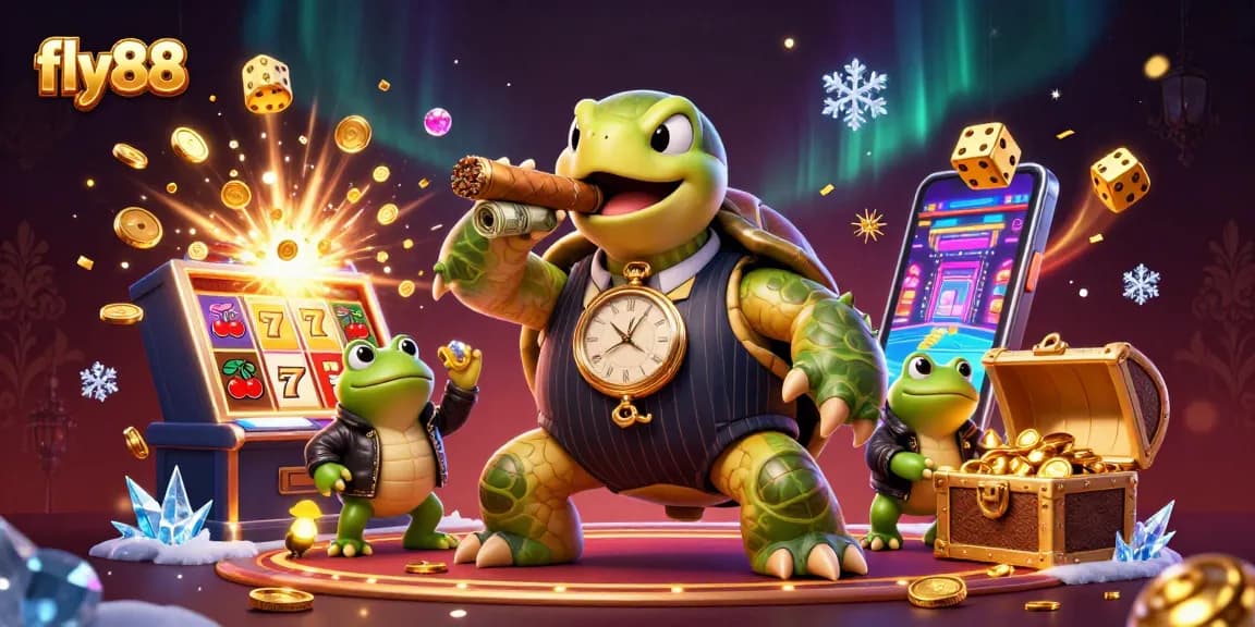 Experience the excitement of fly88 with a cartoon turtle mobster surrounded by casino wealth.
