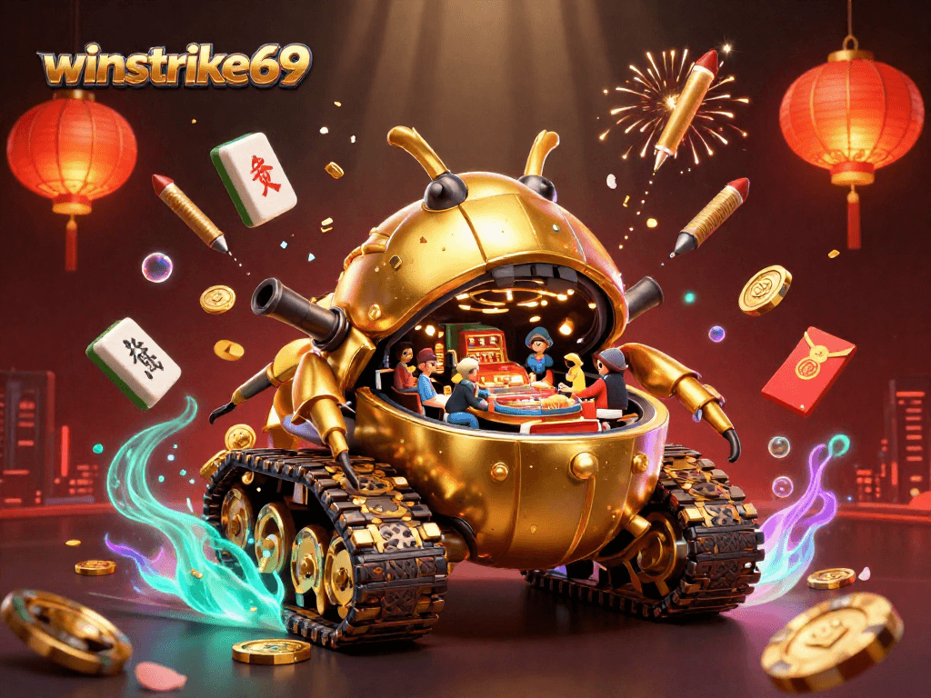 Experience winstrike69 with a vibrant scene featuring a mini casino in a golden beetle tank and dynamic game elements.