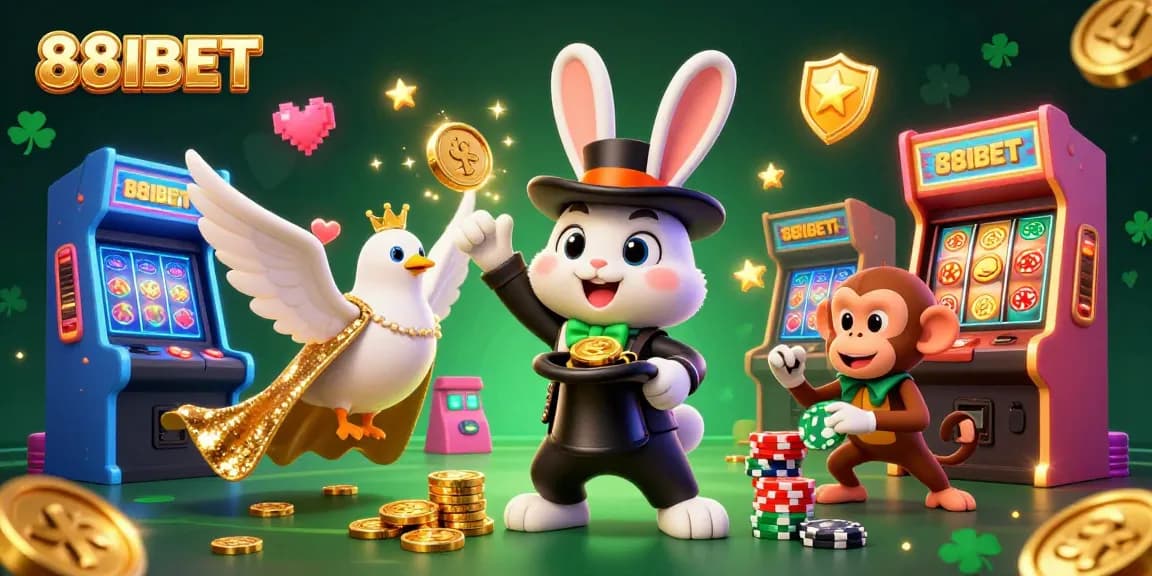 Engage with the exciting world of 88IBET through a dynamic 3D casino illustration featuring playful characters.