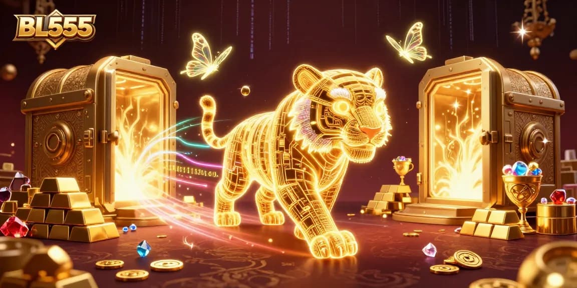 Experience thrilling gameplay with BL555's neon-wireframe tiger in a vibrant casino setting.