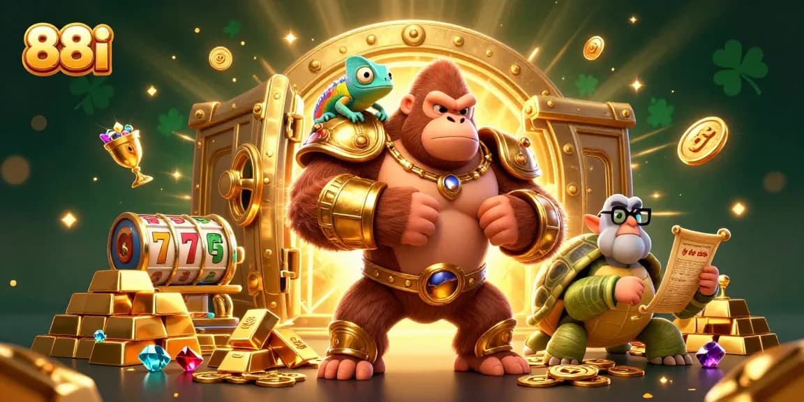 Engage with thrilling casino action at 88i featuring a gold-armored gorilla and treasure.