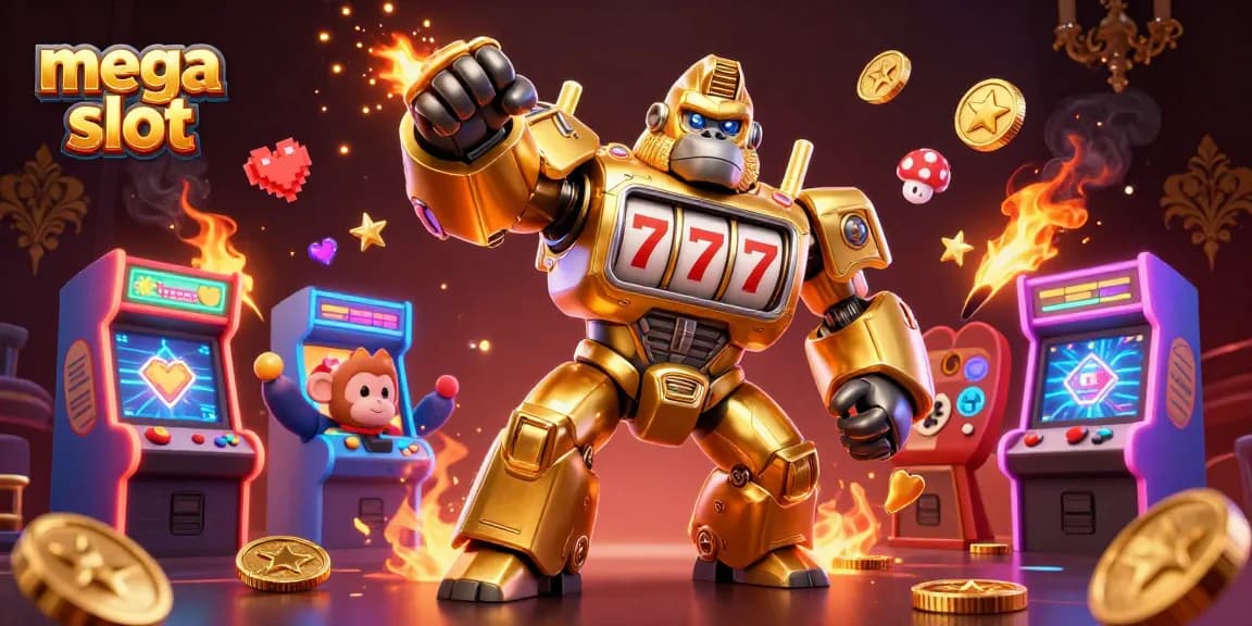 Putar mesin slot megah dengan gorila emas dan koin yang meledak dalam ilustrasi kasino 3D yang dinamis.