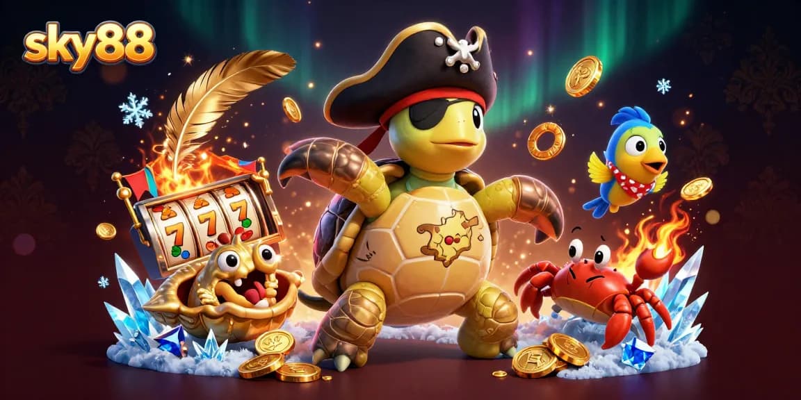Bet on exciting adventures with sky88, featuring a cartoon pirate turtle, golden treasures, and slot reels.