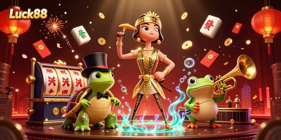 Spin to win with Luck88, showcasing vibrant 3D characters amid slot reels and festive casino elements.