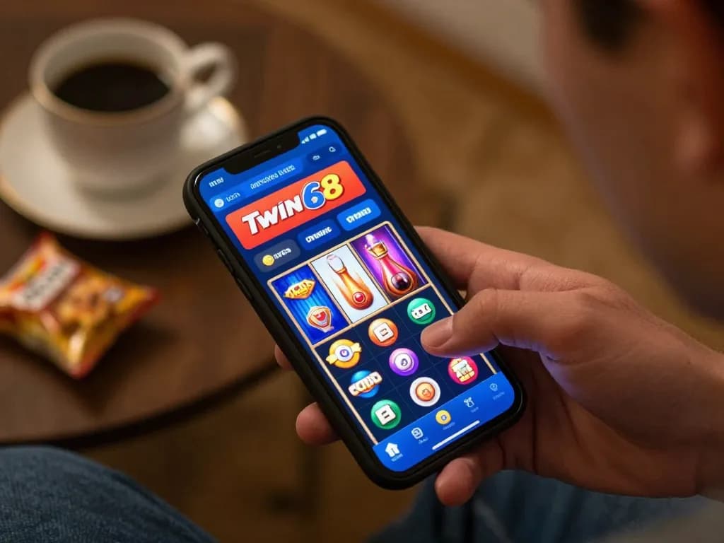 Twin68 player spinning slots on mobile app in a cozy home setup