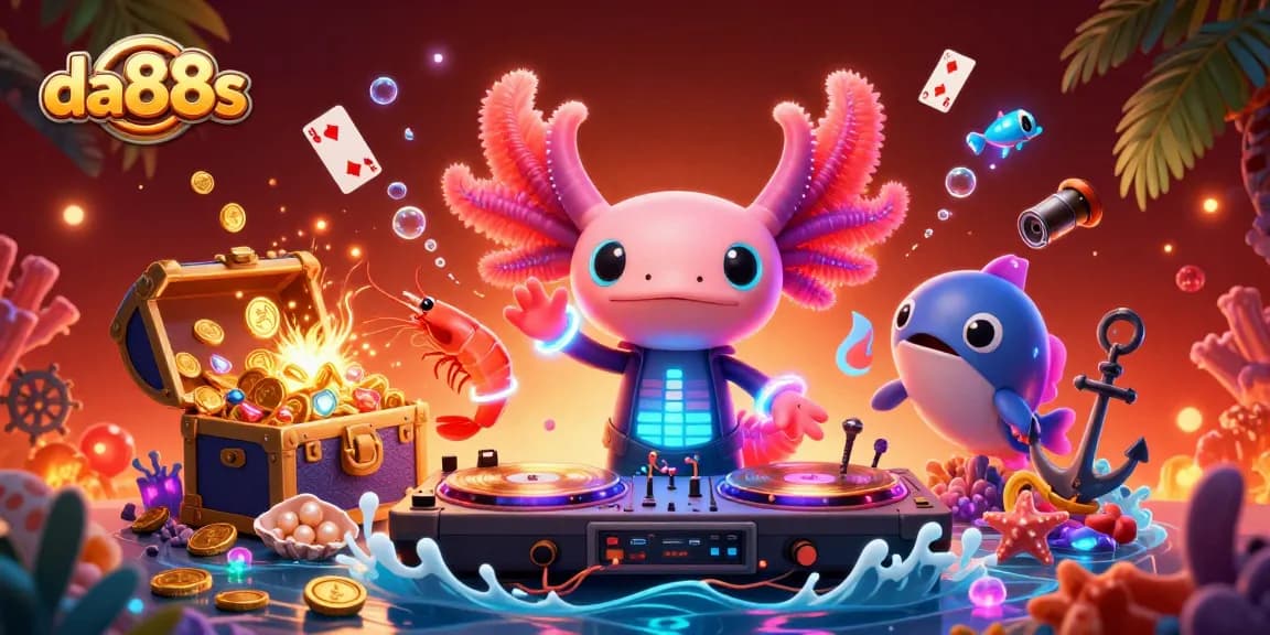 Experience excitement with da88s as a lively axolotl DJ spins records among glowing casino-themed aquatic friends.