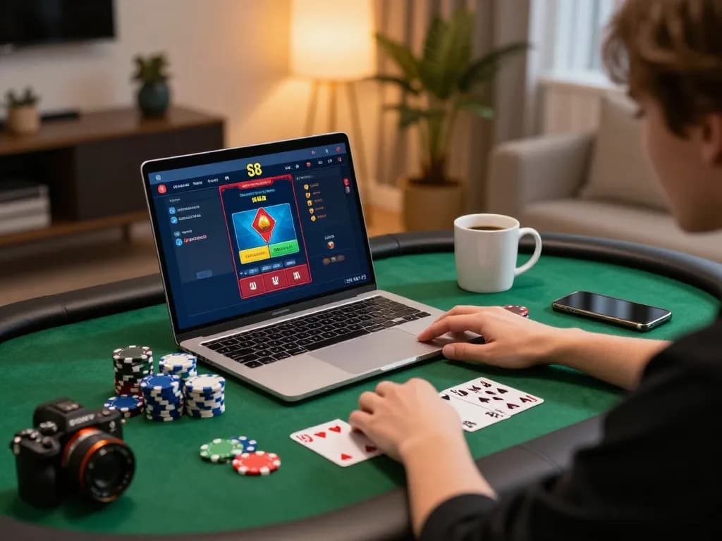 Engaging player registers on S8 platform during online gaming session with poker chips and cards.
