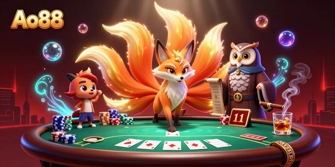 Ao88 players enjoying an interactive poker scene with vibrant characters and casino elements, showcasing excitement and fun.