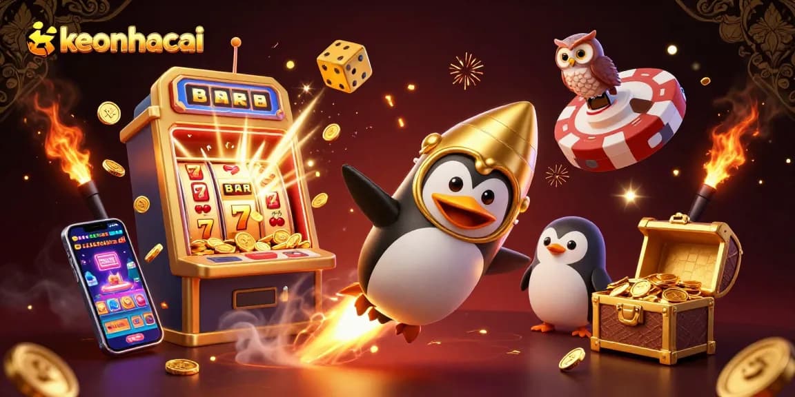 Experience keonhacai with a golden penguin soaring through a vibrant casino-themed scene filled with action.