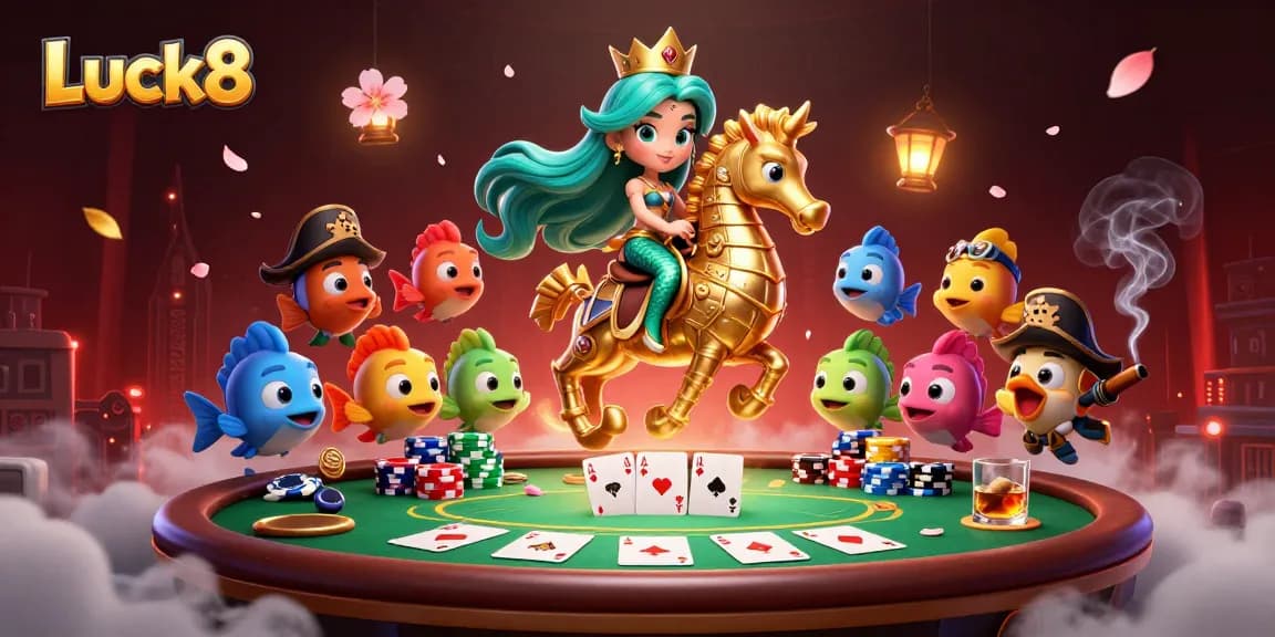 Experience Luck8's vibrant casino atmosphere featuring a mermaid, seahorse, and poker elements.