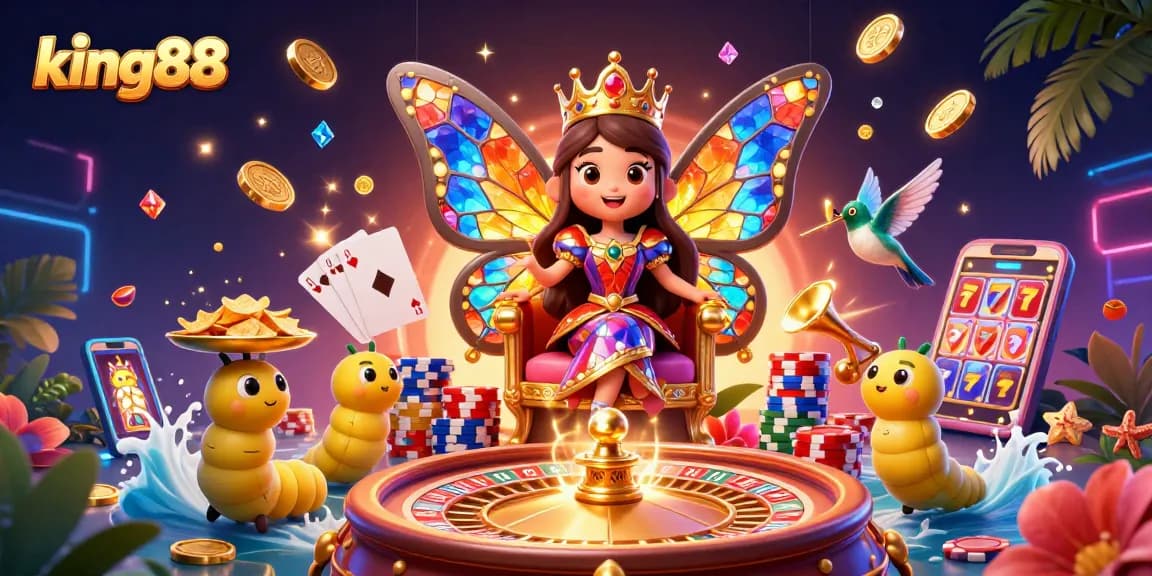 king88's vibrant casino scene featuring a butterfly queen and dynamic game elements.