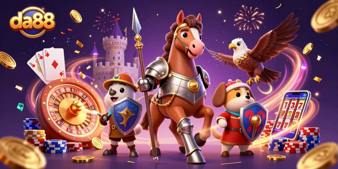 Experience thrilling wins with da88's dynamic gaming scene featuring knights and dazzling casino elements.