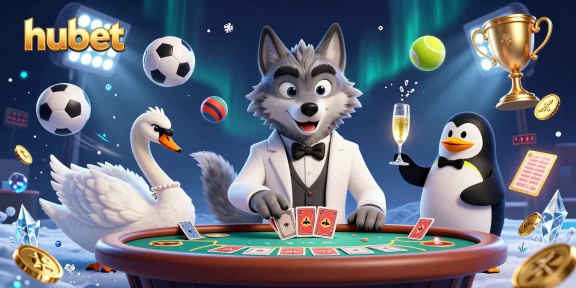 Experience thrilling baccarat with hubet, featuring a dapper wolf, elegant swan, and sophisticated penguin.