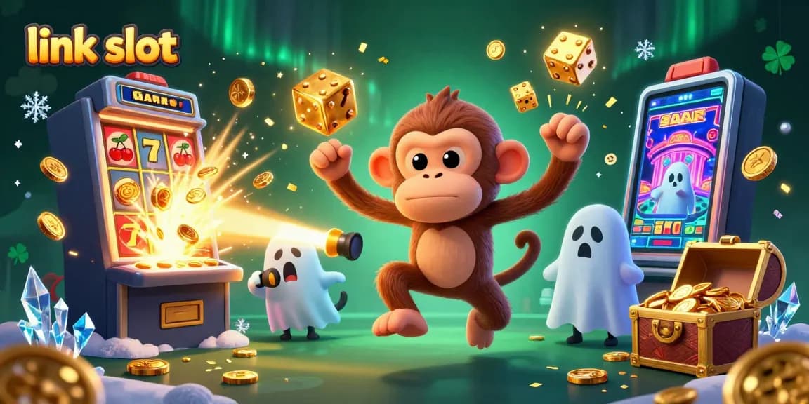 Bermain slot online dengan gambar karakter monyet poltergeist dan anjing pemburu hantu di lingkungan kasino,menampilkan link slot yang kaya akan detail