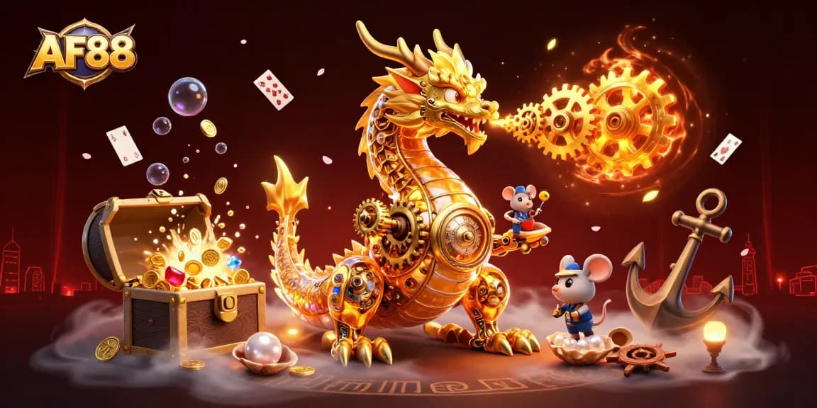 Play exciting games at AF88 with a vibrant 3D golden dragon scene showcasing unique treasures and casino elements.