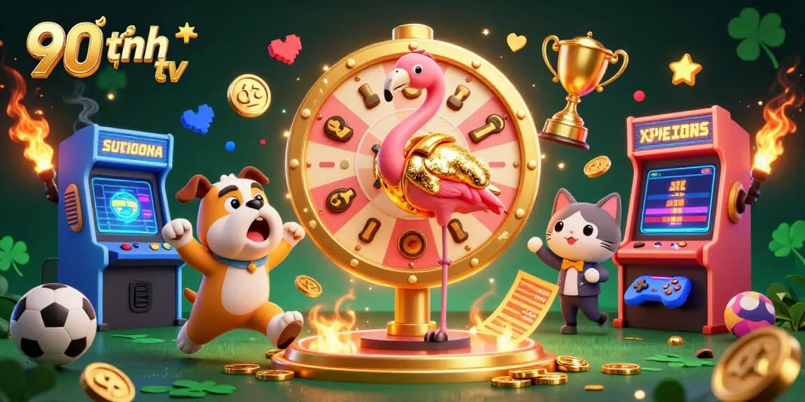 Exciting 90 phút tv highlights dynamic gambling scenes with a cartoon flamingo, bulldog, and scoreboard in 3D.