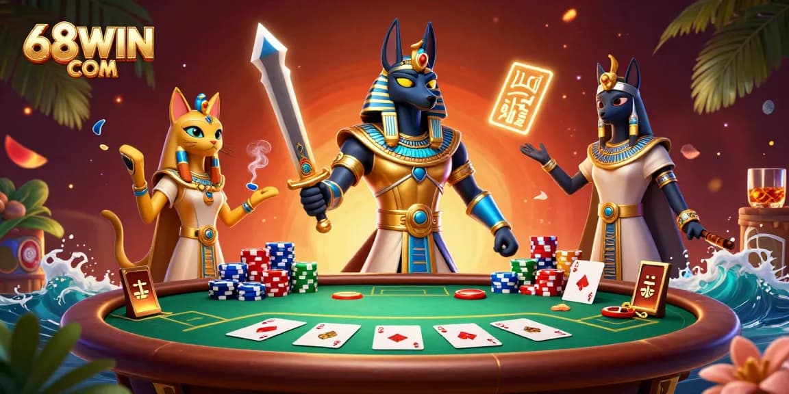 Experience excitement with 68WIN COM through thrilling poker action in a vibrant 3D casino illustration.
