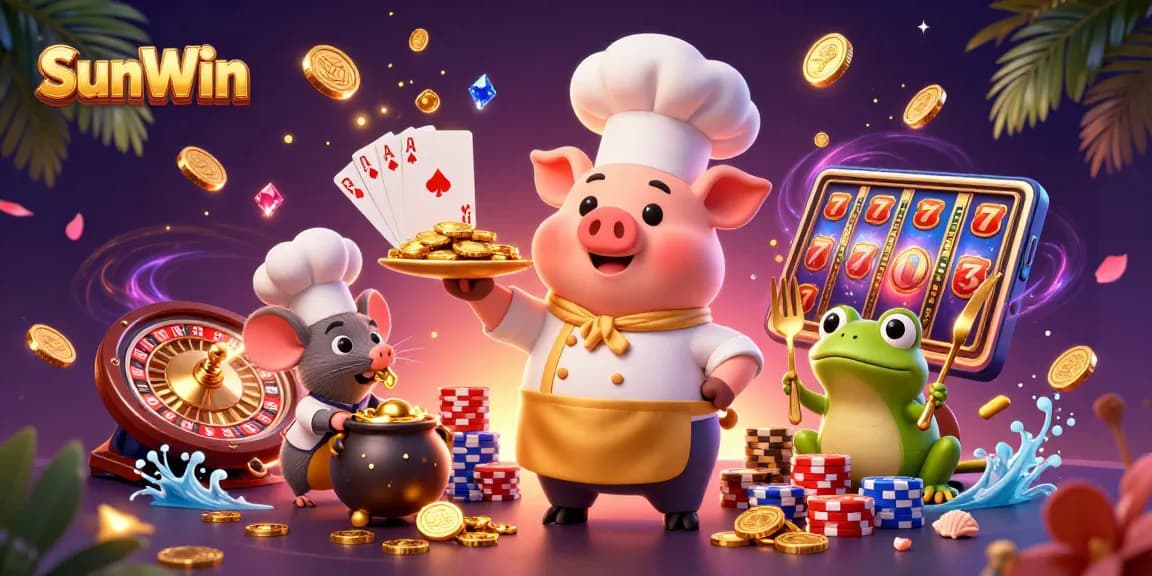 Experience the thrill of SunWin with a vibrant casino scene featuring a chef pig and golden coins.