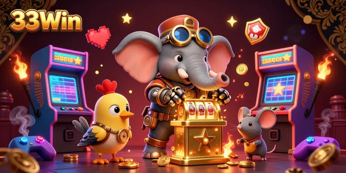 Experience the excitement of 33Win as a steampunk elephant operates a golden slot machine surrounded by colorful gaming elements.