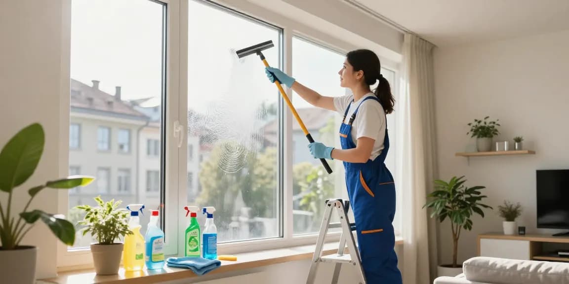 Expert fensterreinigung bern service showcased in a bright urban apartment with a professional cleaner achieving streak-free windows
