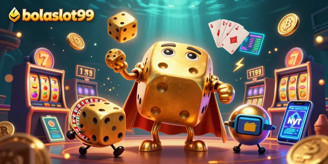 Join the thrilling world of bolaslot99 with a vibrant casino scene featuring golden dice and slot reels.