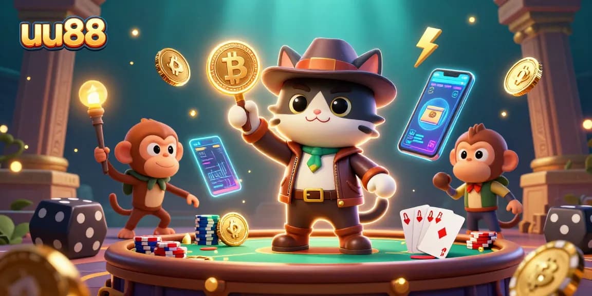 uu88 features a cat archaeologist discovering casino treasures, showcasing vibrant gaming elements.