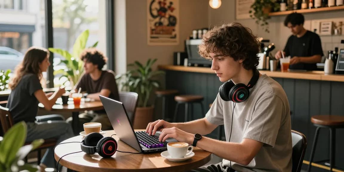 Engaging café scene with a young adult focused on rokok88 gaming, colorful peripherals, and warm sunlight.